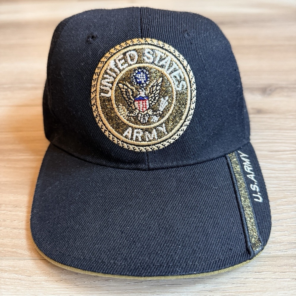 VTG US Army Ball Cap Black Embroidered Gold Logo Adjustable Strap